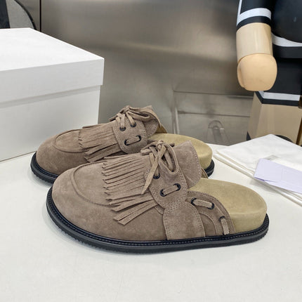 THE ROW 26S FRINGE LACE UP MULES IN TAUPE BROWN SUEDE