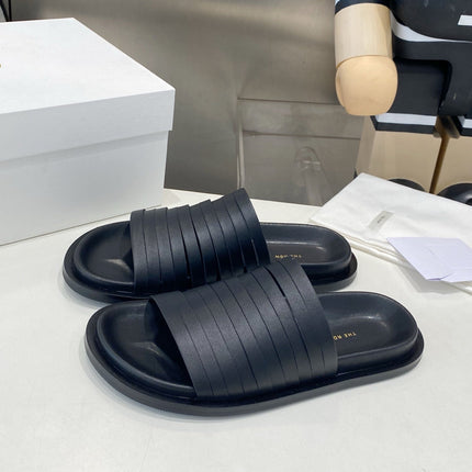 THE ROW 26S MULTI STRAP SLIDES IN BLACK CALFSKIN