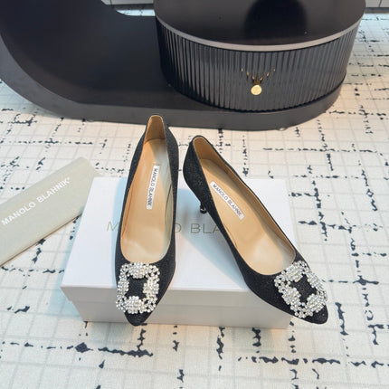 Hangisi 70 Black Glitter Fabric Leather Jewel Buckle Pumps 912612