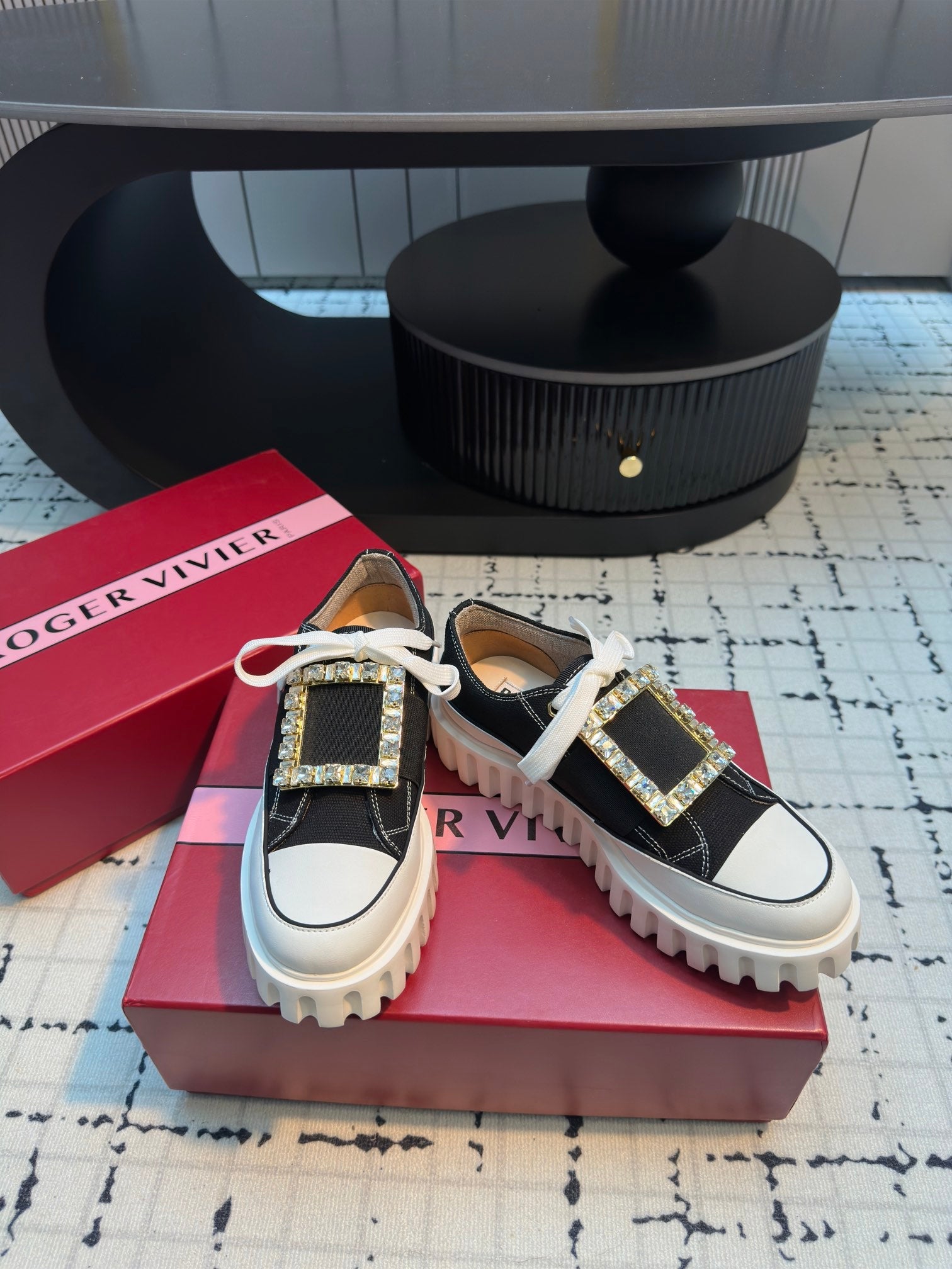 VIV' GO-THICK STRASS BUCKLE SLIP-ON SNEAKERS IN BLACK CANVAS
