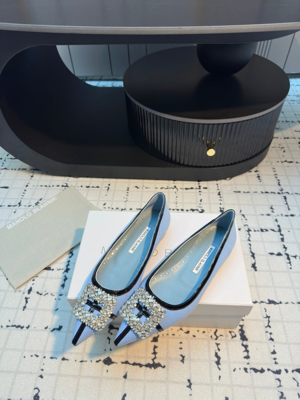 MANOLO BLAHNIK HANGISI FLAT BALLERINA SHOES IN BLUE WITH CRYSTAL BUCKLE