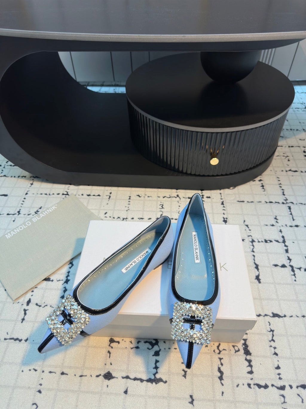 MANOLO BLAHNIK HANGISI FLAT BALLERINA SHOES IN BLUE WITH CRYSTAL BUCKLE