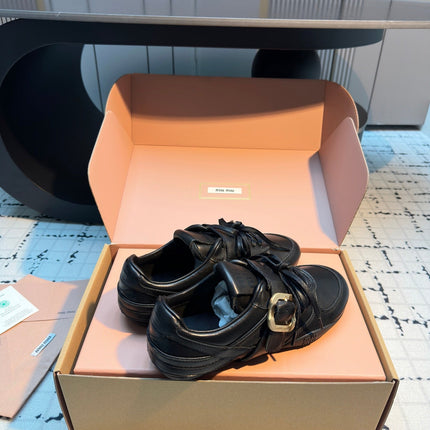 MIUMIU 26S LACE UP SNEAKERS IN BLACK CALFSKIN BUCKLE STRAP DETAIL