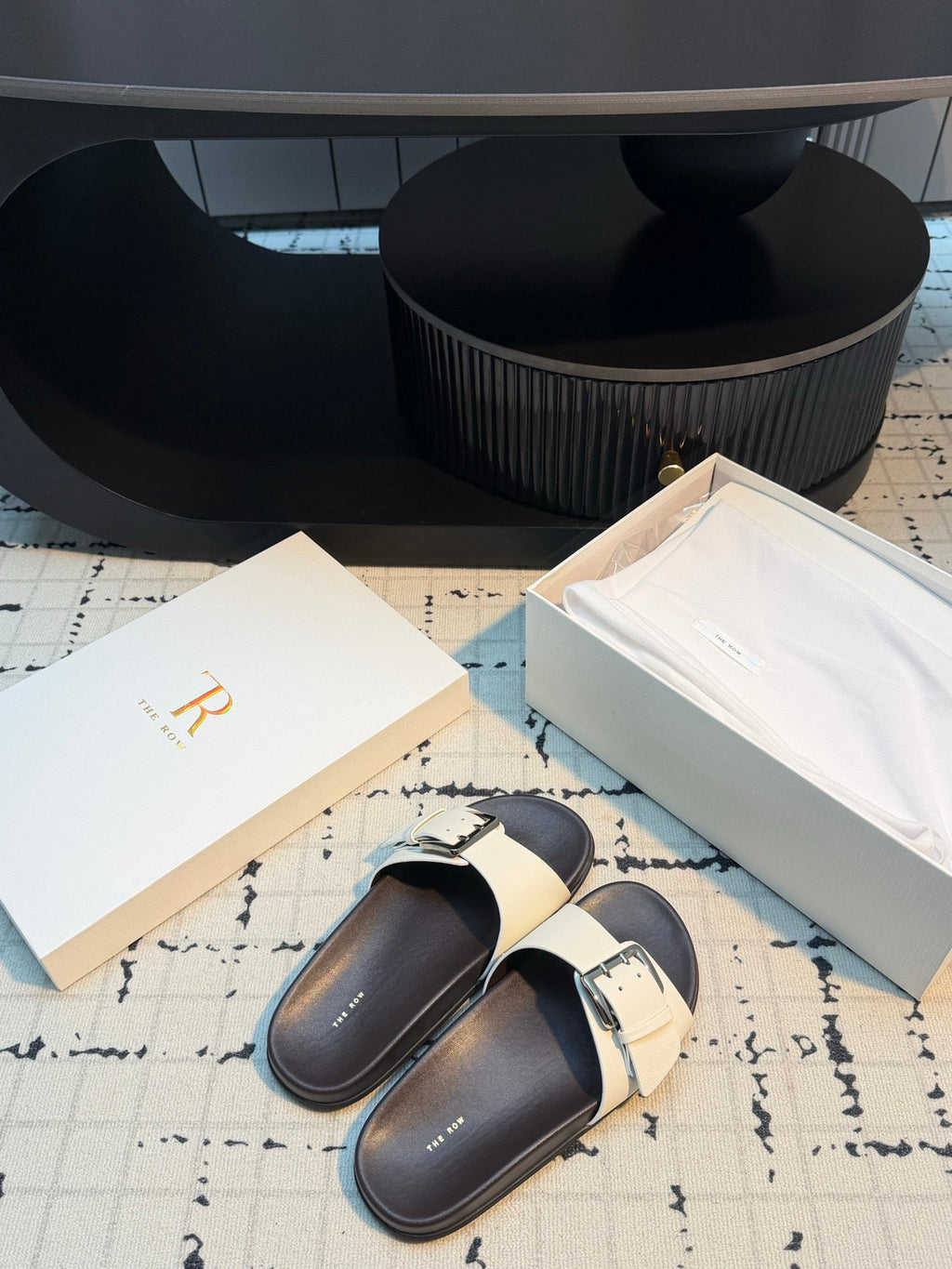 THE ROW 26S BUCKLE SLIDE SANDALS IN WHITE CALFSKIN
