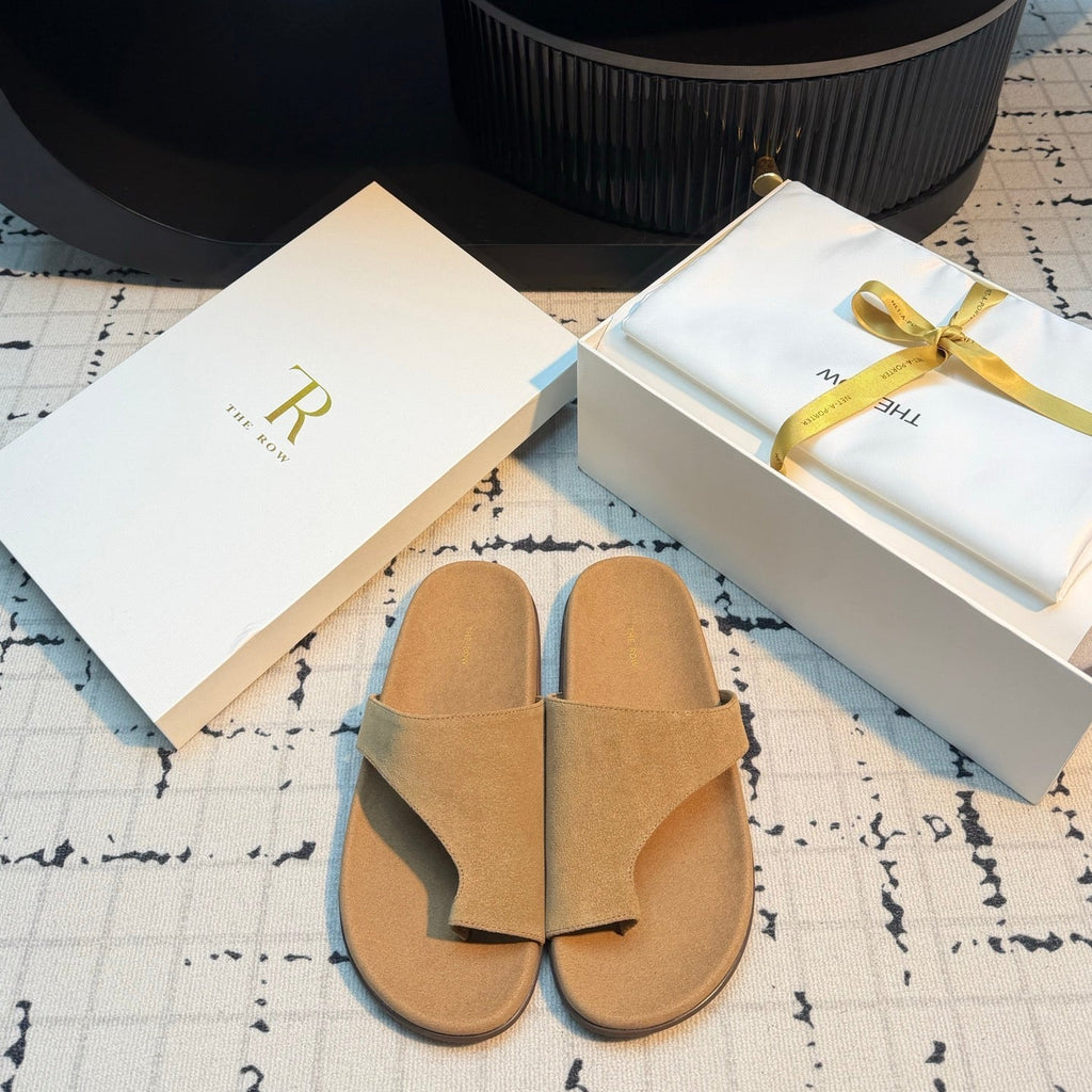 THE ROW 26S THONG SLIDE SANDALS IN BEIGE SUEDE