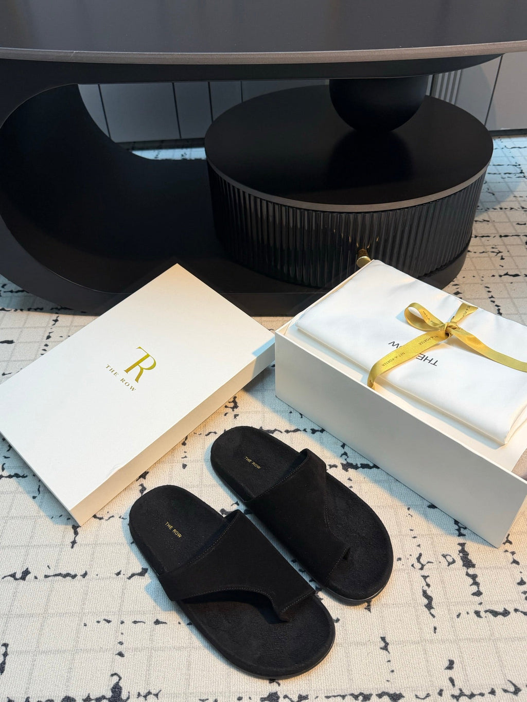 THE ROW 26S THONG SLIDE SANDALS IN BLACK SUEDE