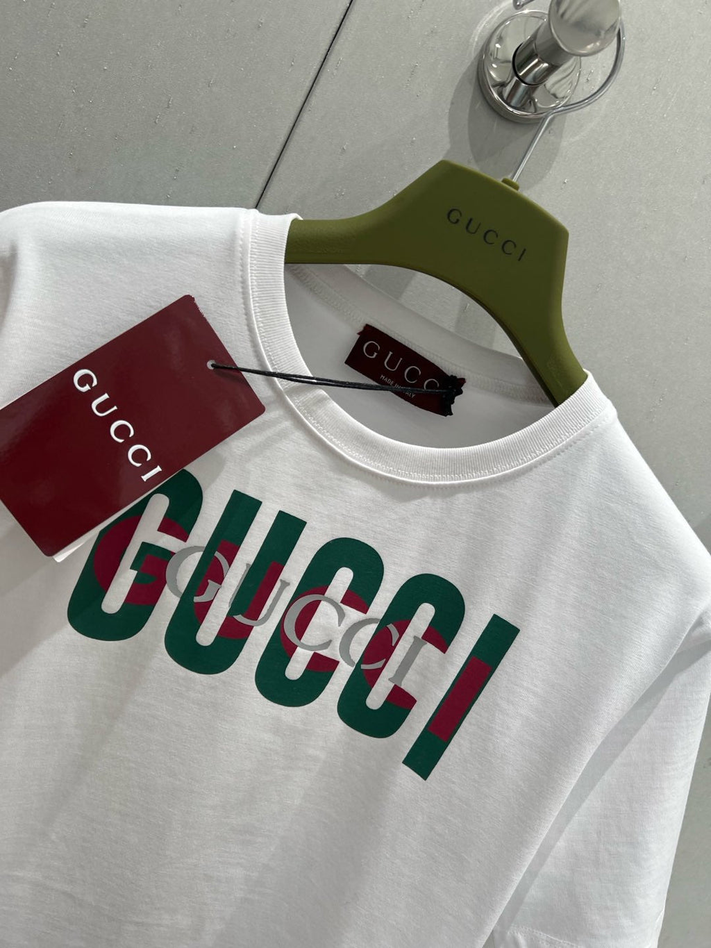 Gucci 2025 Print Short Sleeve T-shirt White Green Red Cotton