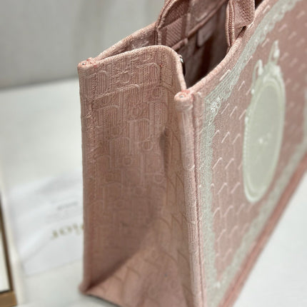 DIOR 26S  BOOK TOTE BAG 36 IN LIGHT PINK AND WHITE FABRIC