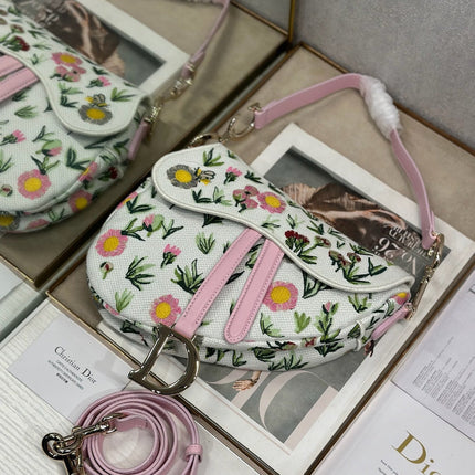 DIOR 26S SADDLE BAG 25 IN MULTICOLOR FLORAL EMBROIDERED JACQUARD