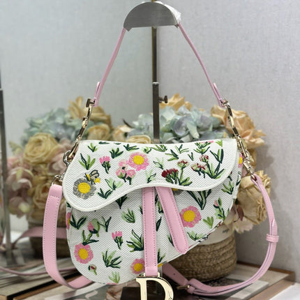 DIOR 26S SADDLE BAG 25 IN MULTICOLOR FLORAL EMBROIDERED JACQUARD