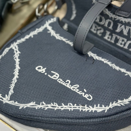 DIOR 26S SADDLE BAG 25 IN DARK BLUE AND WHITE EMBROIDERED JACQUARD