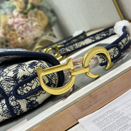 DIOR 26S SADDLE BAG 25 IN NAVY BLUE AND BEIGE JACQUARD