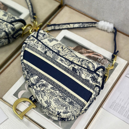 DIOR 26S SADDLE BAG 25 IN NAVY BLUE AND BEIGE JACQUARD