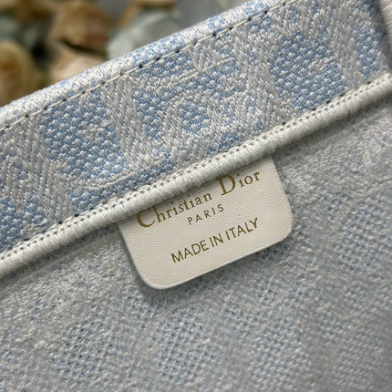DIOR 26S BOOK TOTE BAG 42 IN LIGHT BLUE AND BEIGE BAYADERE FABRIC