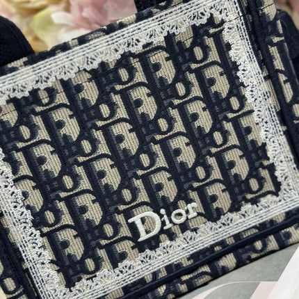 DIOR 26S BOOK TOTE BAG 20 IN NAVY BLUE AND BEIGE FABRIC OBLIQUE FABRIC