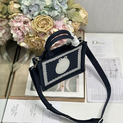 DIOR 26S  BOOK TOTE BAG 20 IN NAVY BLUE AND WHITE FABRIC