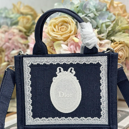DIOR 26S  BOOK TOTE BAG 20 IN NAVY BLUE AND WHITE FABRIC