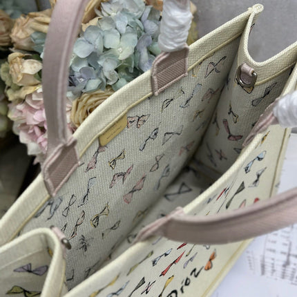 DIOR 26S LARGE BOOK TOTE 42 BEIGE WHITE BOW PRINT WOVEN FABRIC