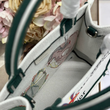 DIOR 26S MINI BOOK TOTE 26 IN CREAM WHITE AND GREEN WOVEN FABRIC