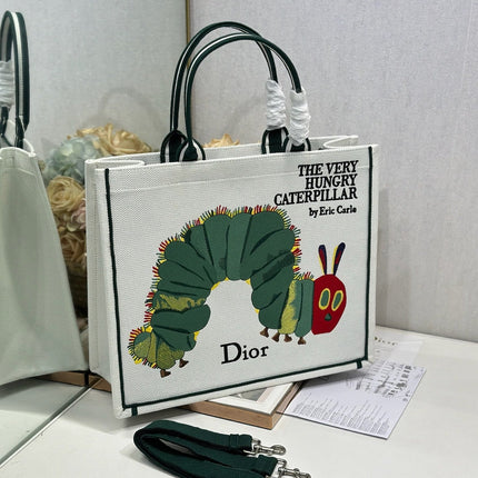 DIOR 26S LARGE BOOK TOTE 42 IN CREAM WHITE AND GREEN WOVEN FABRIC