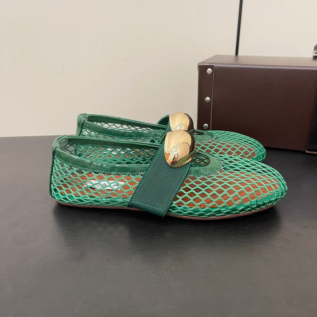ALAIA BALLET FLATS IN COOL GREEN MESH FISHNET WITH GOLD HARDWARE