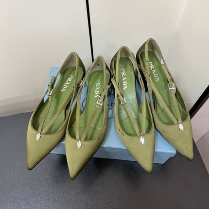 CUT-OUT BALLERINA FLAT IN OLIVE GREEN SATIN ATTACHED BEAD BUCKLE