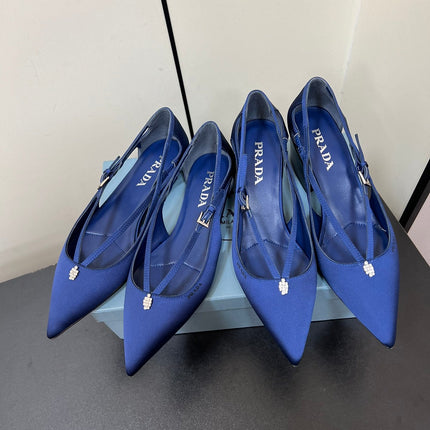 CUT-OUT BALLERINA FLAT IN NAVY BLUE SATIN ATTACHED BEAD BUCKLE