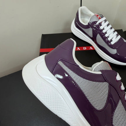 PRADA 26S SNEAKERS IN PLUM PURPLE PATENT CALFSKIN AND WHITE MESH