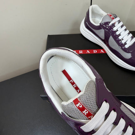 PRADA 26S SNEAKERS IN PLUM PURPLE PATENT CALFSKIN AND WHITE MESH