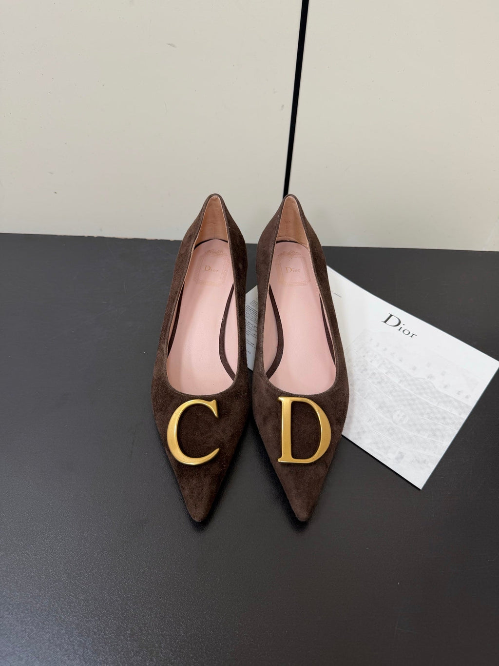 DIOR 26S POINTED-TOE HIGH HEELS 35MM IN DARK BROWN SUEDE GOLD HARDWARE