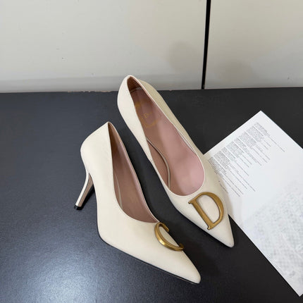 DIOR 26S POINTED-TOE HIGH HEELS 70MM IN CREAM WHITE CALFSKIN GOLD HARDWARE