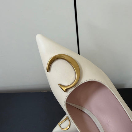 DIOR 26S POINTED-TOE HIGH HEELS 70MM IN CREAM WHITE CALFSKIN GOLD HARDWARE