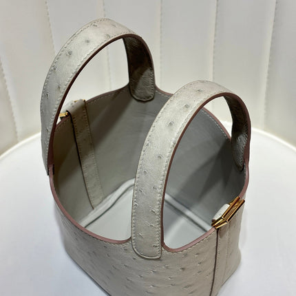 HM 25S PICOTIN LOCK 14 CM IN LIGHT GREY OSTRICH WITH GOLD HARDWARE