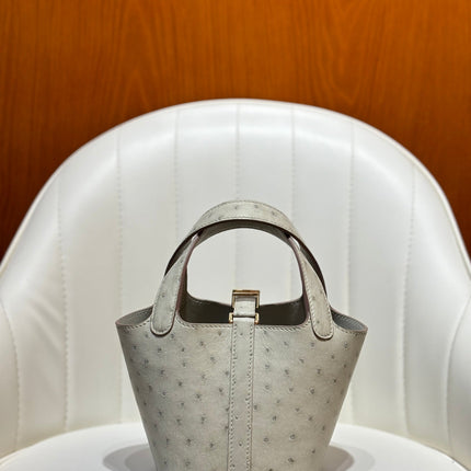 HM 25S PICOTIN LOCK 14 CM IN LIGHT GREY OSTRICH WITH GOLD HARDWARE