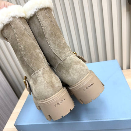PRADA 25S MARTIN BOOTS IN BEIGE GRAY SUEDE FUR-LINED