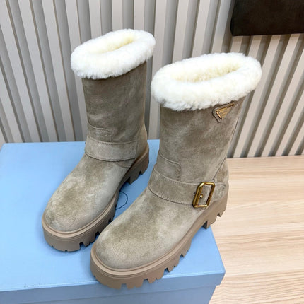 PRADA 25S MARTIN BOOTS IN BEIGE GRAY SUEDE FUR-LINED