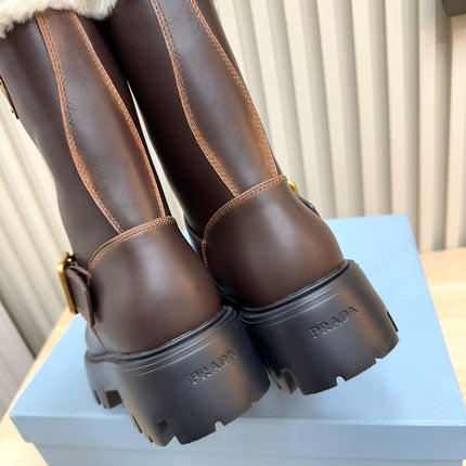 PRADA 25S MARTIN BOOTS IN DARK BROWN CALFSKIN FUR-LINED