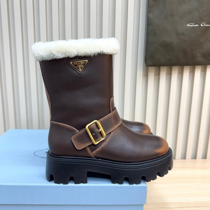 PRADA 25S MARTIN BOOTS IN DARK BROWN CALFSKIN FUR-LINED