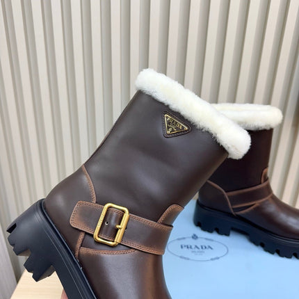 PRADA 25S MARTIN BOOTS IN DARK BROWN CALFSKIN FUR-LINED