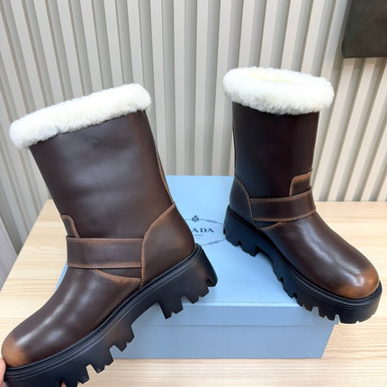 PRADA 25S MARTIN BOOTS IN DARK BROWN CALFSKIN FUR-LINED