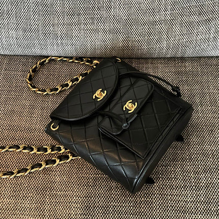 CHANEL 26S BACKPACK WITH FRONT POCKET 21 IN BLACK QUILTED LAMBSKIN GOLD HARDWARE