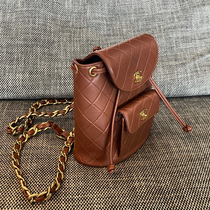 CHANEL 26S BACKPACK WITH FRONT POCKET 21 IN BROWN QUILTED LAMBSKIN GOLD HARDWARE