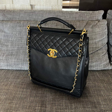 CHANEL 26S TOP HANDLE SHOPPING BAG 34 IN BLACK LAMBSKIN GOLD HARDWARE