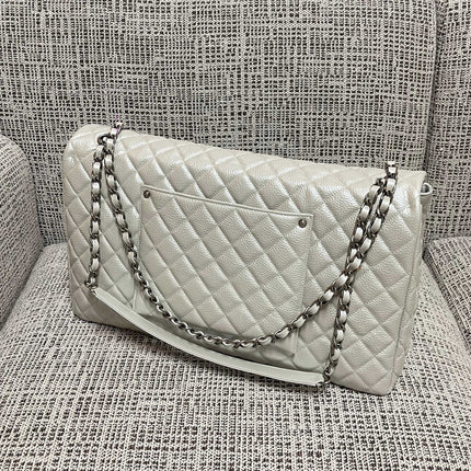 CHANEL 26S CLASSIC JUMBO FLAP BAG 46 IN LIGHT GREY CAVIAR CALFSKIN DARK SILVER HARDWARE
