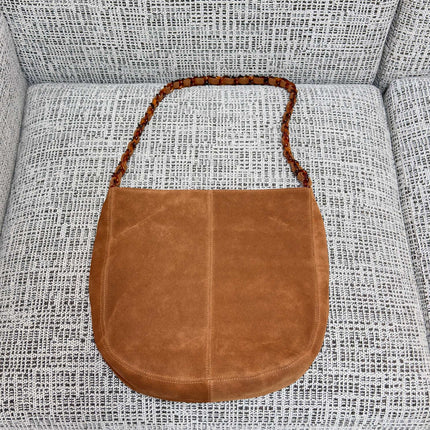 CHANEL 26S LARGE HOBO BAG 33 IN COGNAC BROWN SUEDE TORTOISE RESIN CHAIN