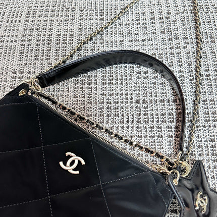 CHANEL 26S STAR CHARM HALF MOON SHOULDER BAG 20 IN BLACK SATIN GOLD HARDWARE