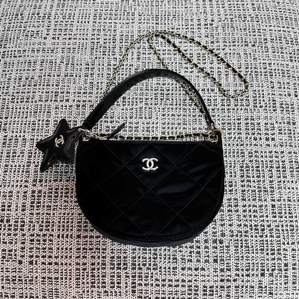 CHANEL 26S STAR CHARM HALF MOON SHOULDER BAG 20 IN BLACK SATIN GOLD HARDWARE