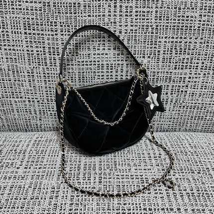 CHANEL 26S STAR CHARM HALF MOON SHOULDER BAG 20 IN BLACK SATIN GOLD HARDWARE