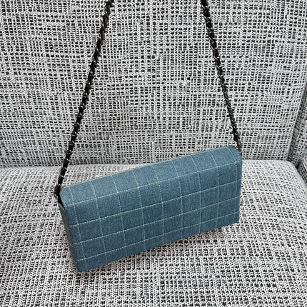 CHANEL 26S FLAP BAG 26 IN BLUE DENIM AND BLACK CALFSKIN DARK SILVER HARDWARE