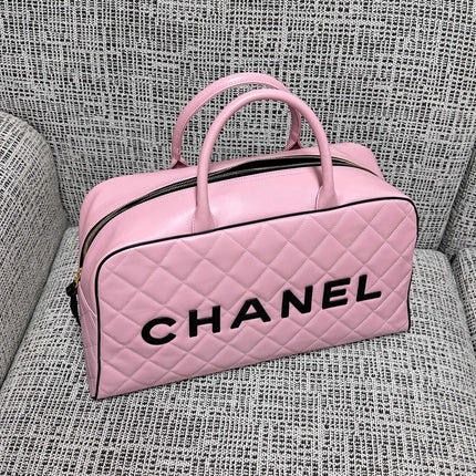 CHANEL 26S BOWLING BAG LARGE 46 IN LIGHT PINK AND BLACK CALFSKIN GOLD HARDWARE